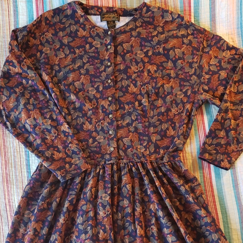 Vintage Eddie Bauer Navy Leaves Dress Modest - Picture 2 of 8